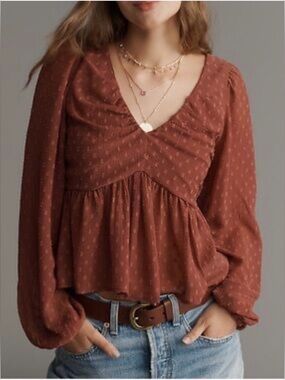 NWT Anthropologie Peplum Blouse Rust Swiss Dot Long Sleeve. Size M